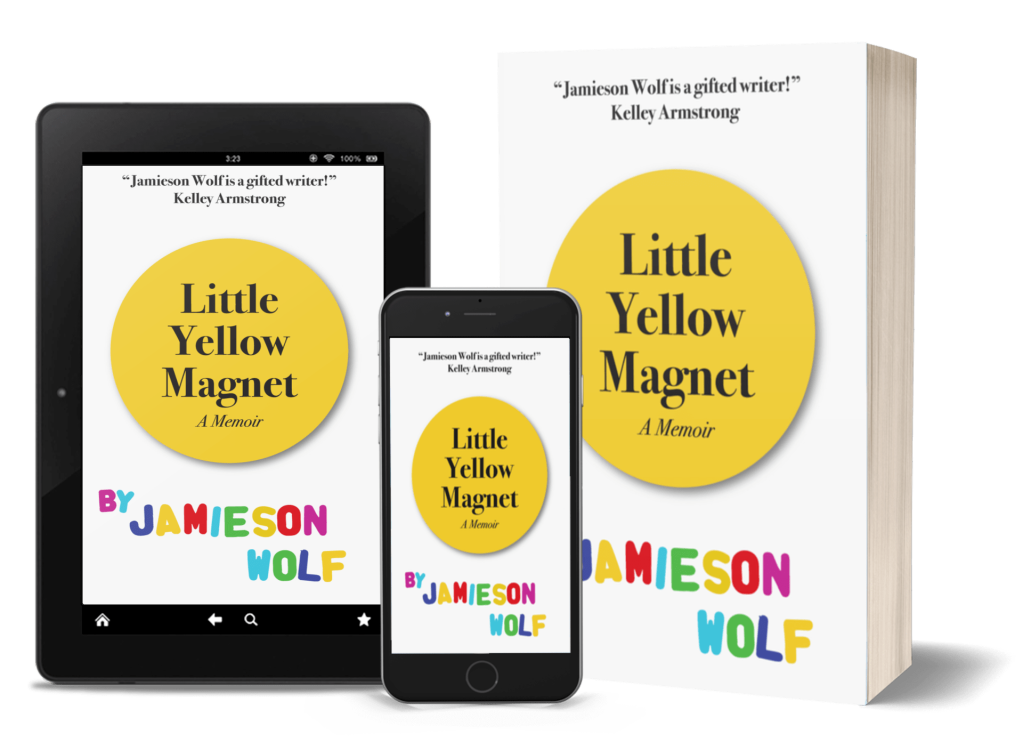 Image description: Tablet and phone display ebook and audiobook, respectively, and a paperback of Little Yellow Magnet.